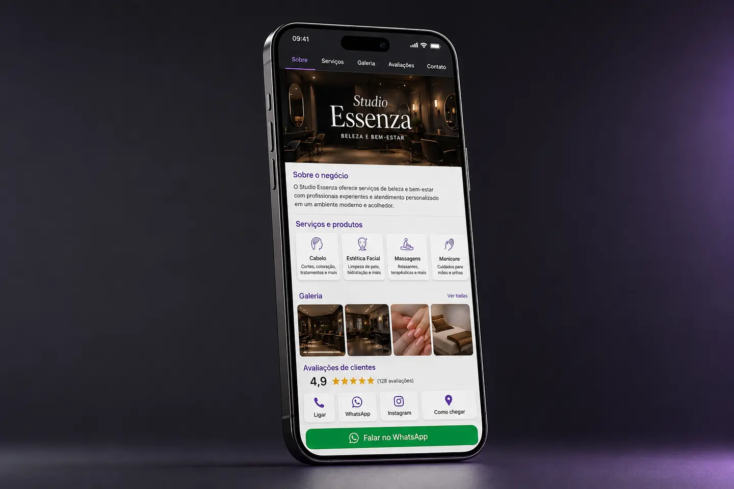 Site profissional completo exibido em um celular