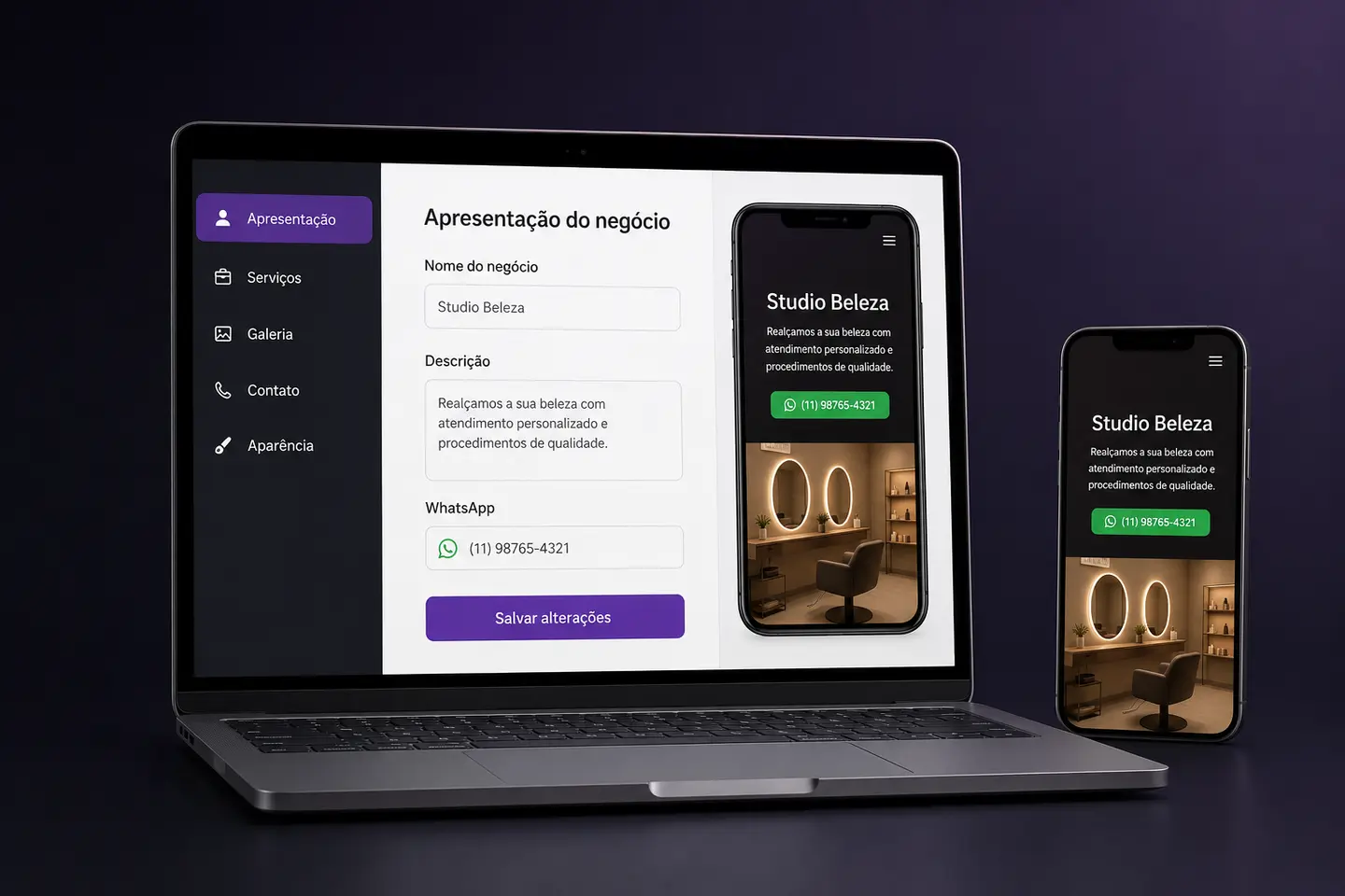 Painel de configuração do site e prévia no celular