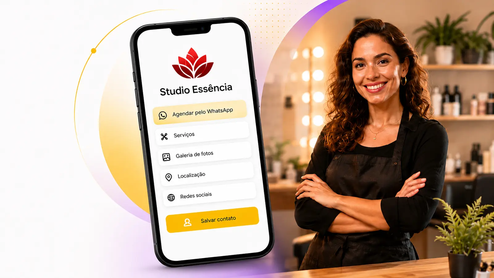 Profissional de salão ao lado de um celular mostrando uma página criada com o CardLink